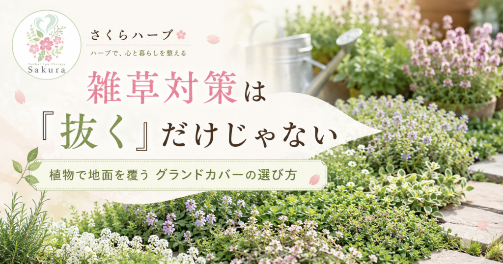 ウェブサイトのヘッダー用画像。花とハーブの背景に『雑草対策は「抜く」だけじゃない』という日本語のキャッチコピーと、左上にロゴがあるデザイン。
