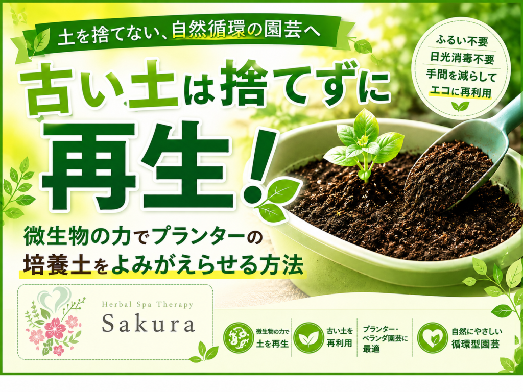 明るい緑のポスターで、古い土を捨てず再生させ自然循環の園芸を推奨している広告。小さな苗が入った鉢と土の写真が中心。日本語のキャッチコピーが大きく配置されている。