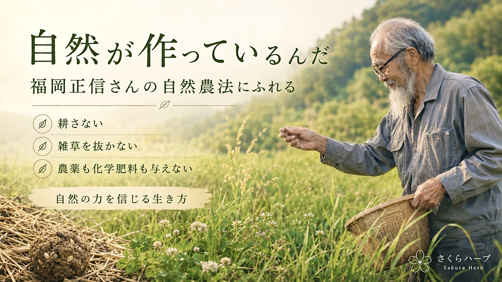 自然農法で作物を育てる高齢男性が草を手に取り籠を持つ田園風景の広告 image。