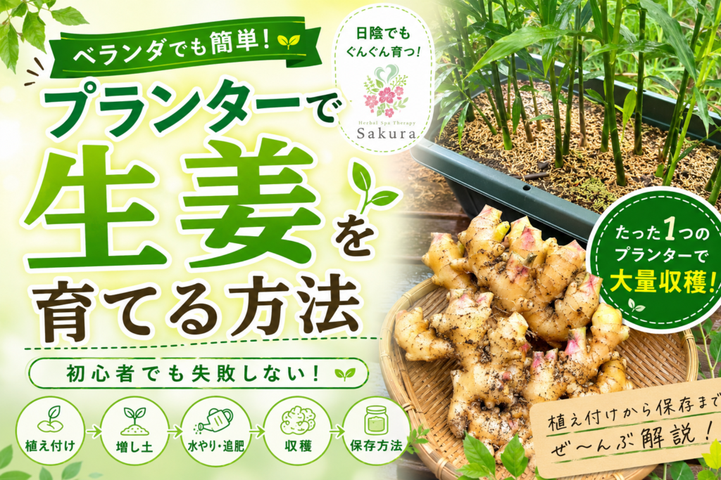 ベランダでも簡単に生姜を育てる方法を伝えるポスター風の広告画像。プランターと生姜の鉢植え、明るい緑と黄の背景。