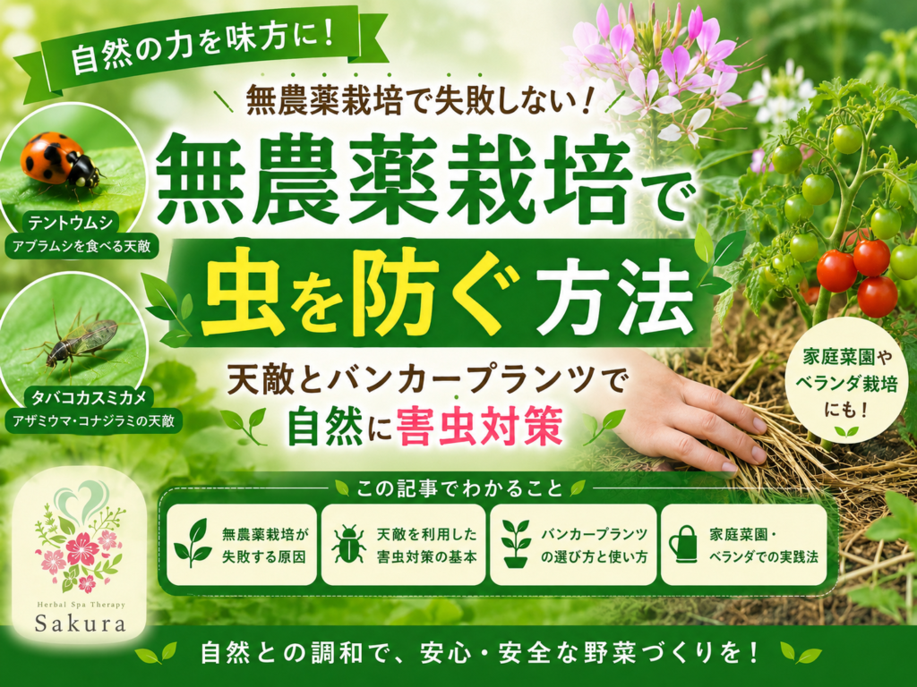 無農薬栽培で虫を防ぐ方法を解説する日本語ポスター。手で土を整える場面と虫の写真を含む