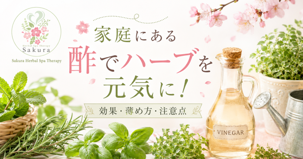 Banner advertising Sakura Herbal Spa Therapy with a bottle of vinegar and fresh herbs among pink blossoms; Japanese text promotes energizing herbs.